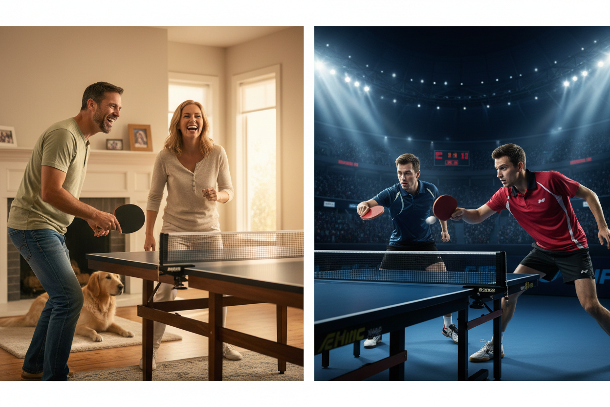 Dos adultos jugando ping pong de manera familiar y al tiempo dos dos profesionales jugando ping pong, un banner con dos imágenes al tiempo. que sea muy profesional