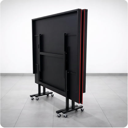 Color: Negro y rojo — Mesa de ping pong LORBAN negro y rojo plegada vista por detrás