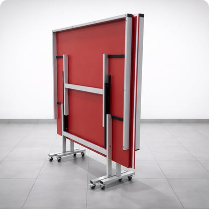 Color: Rojo y blanco — Mesa de ping pong LORBAN rojo y blanco plegada vista por detrás