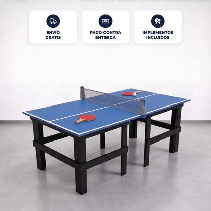 Mini mesa de ping pong LORBAN azul con base de madera, raquetas incluidas, envío gratis y pago contra entrega